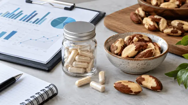 Illustration of selenium-rich foods, a supplement bottle and an evidence balance